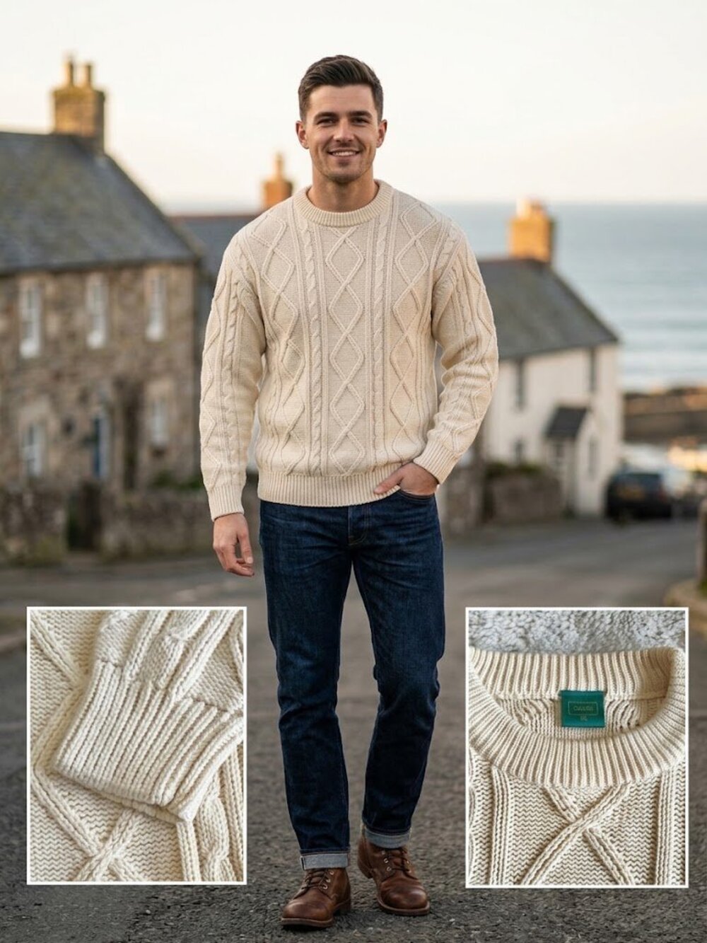 Vintage Canda C&A 100% Cotton Chunky Cable Knit Fisherman Sweater Cream XL